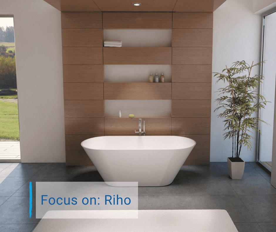 Riho bathroom with freestanding bath, furniture and mirror