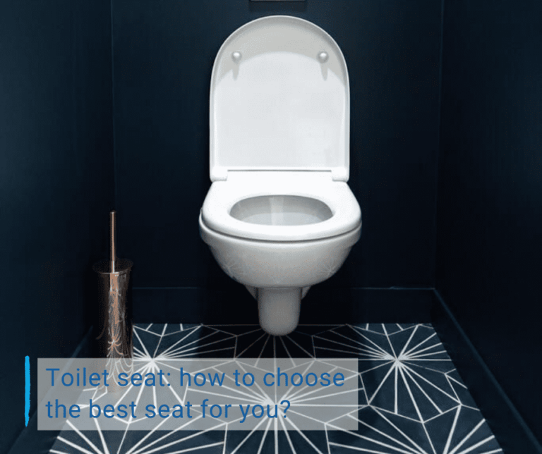 wall hung toilet with toilet seat in a dark blue bathroom