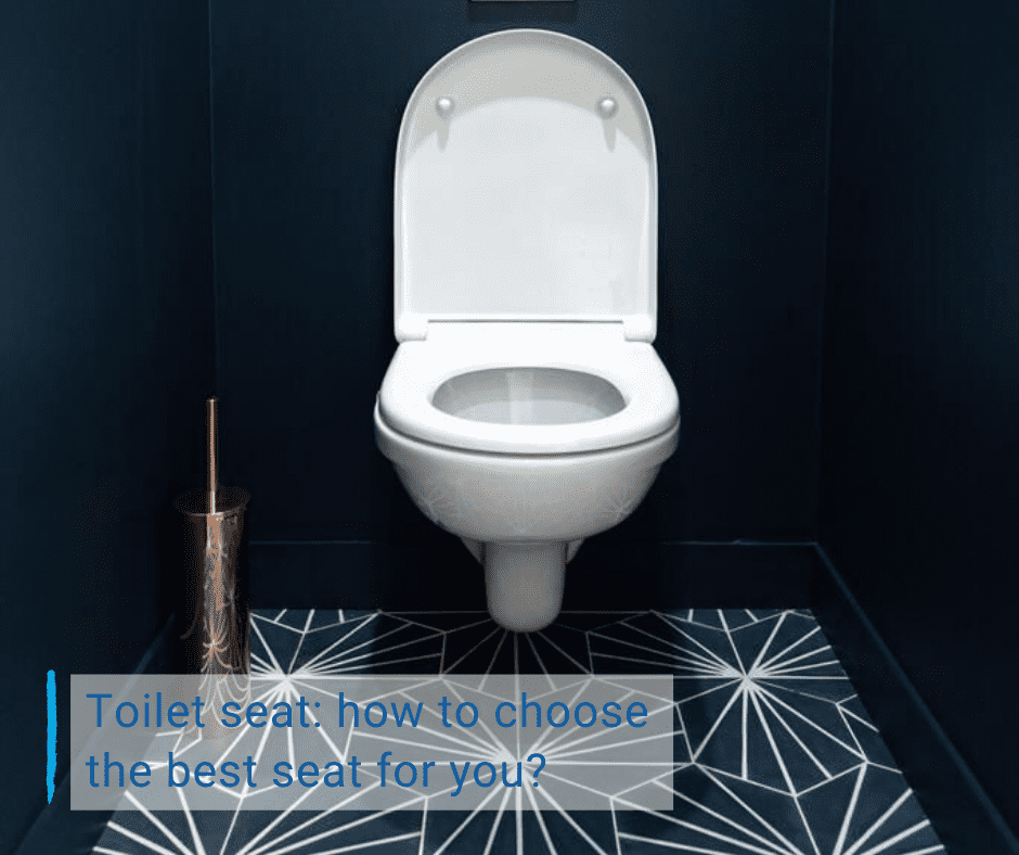 wall hung toilet with toilet seat in a dark blue bathroom