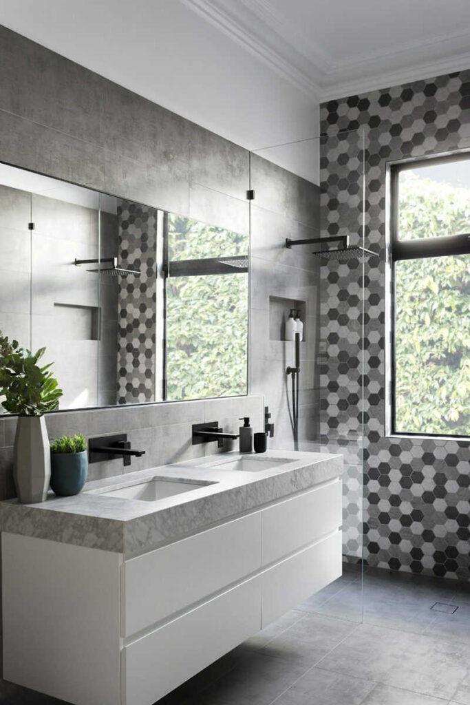 small tiles in specific areas for an elegant modern bathroom