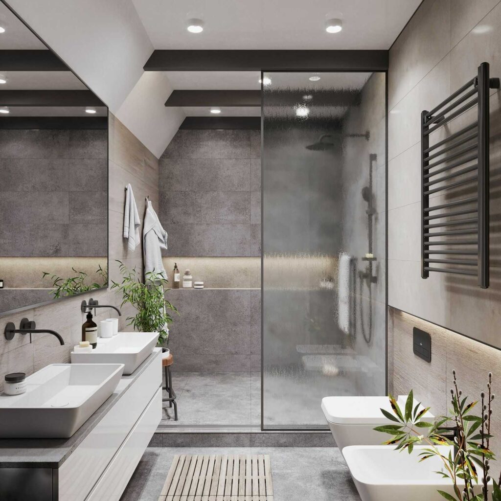 add plants in an elegant modern bathroom