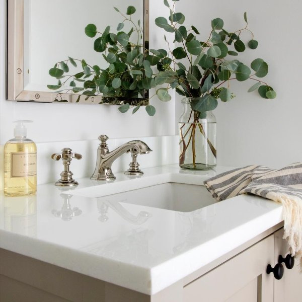 flowers and plants on the sink for a natural bathroom trend design