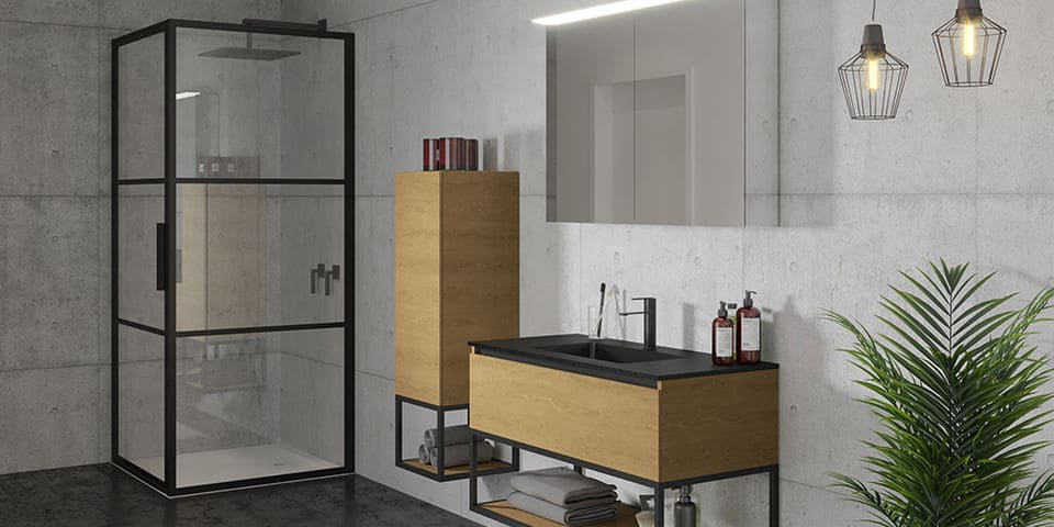 Riho livit collection with Grid shower enclsoure, furniture with industrial look