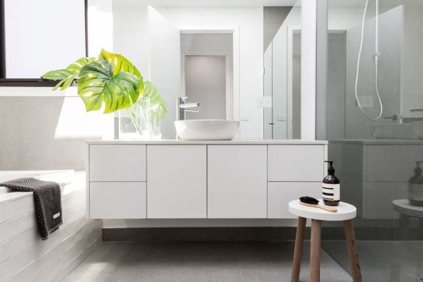 modern white bathroom furnitur with a plant