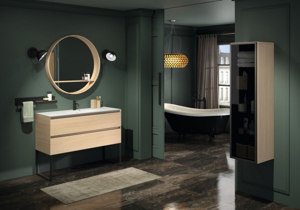 round Bathroom mirror with lighting with a wooden framing and a wooden bathroom vanity unit