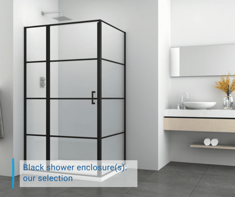 a black shower cubicle and text "Black shower enclosure(s): our selection"