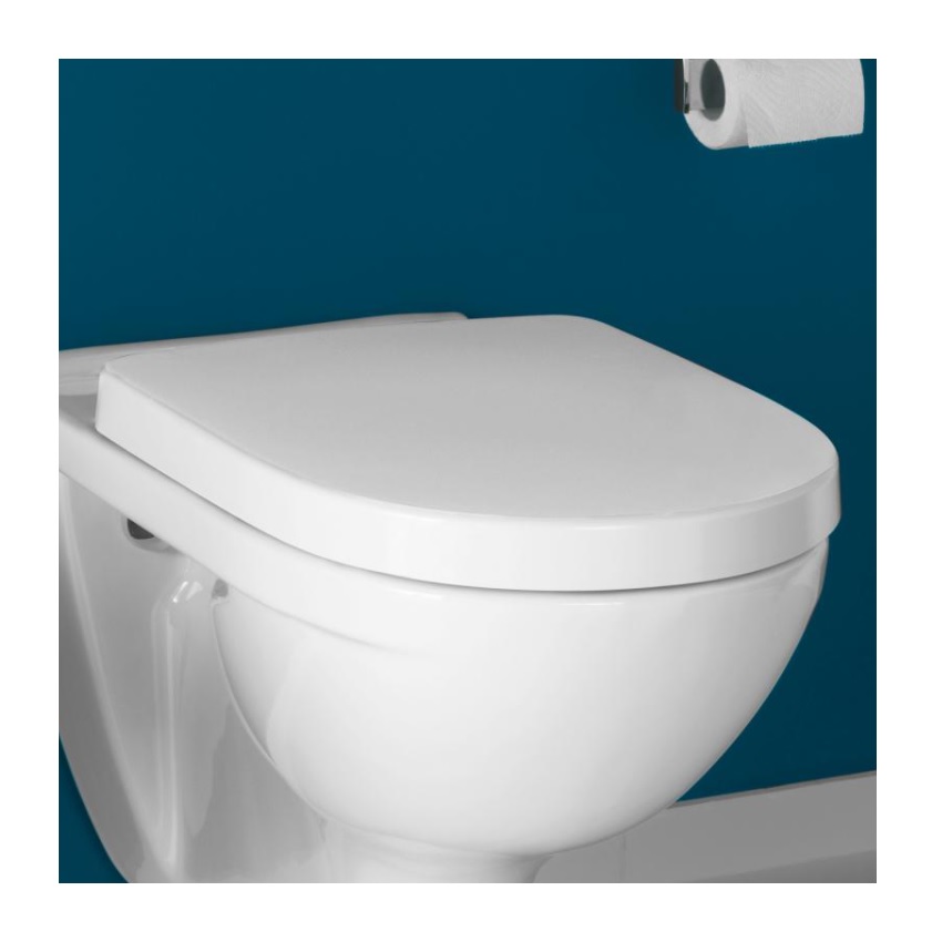 white toilet with a soft close toilet seat on a blue background of Villeroy en Boch