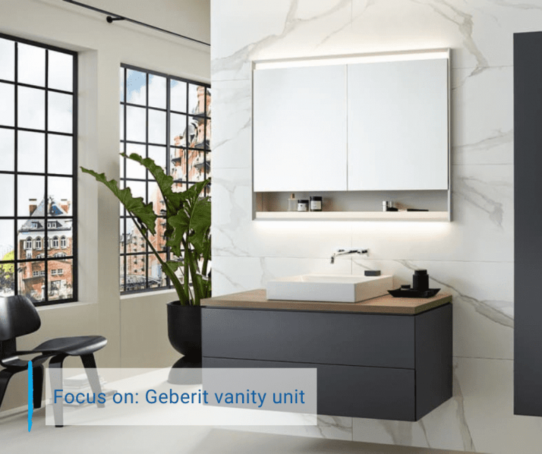 a black vanity unit on a light background with a big mirror cabinet