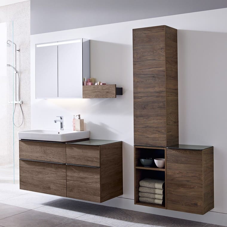 dark wooden Geberit vanity unit cabinet with mirror cabinet and wooden furniture side sections