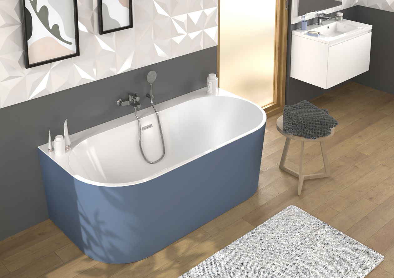 blue bathtub against a gray wall, on the right a white washbasin