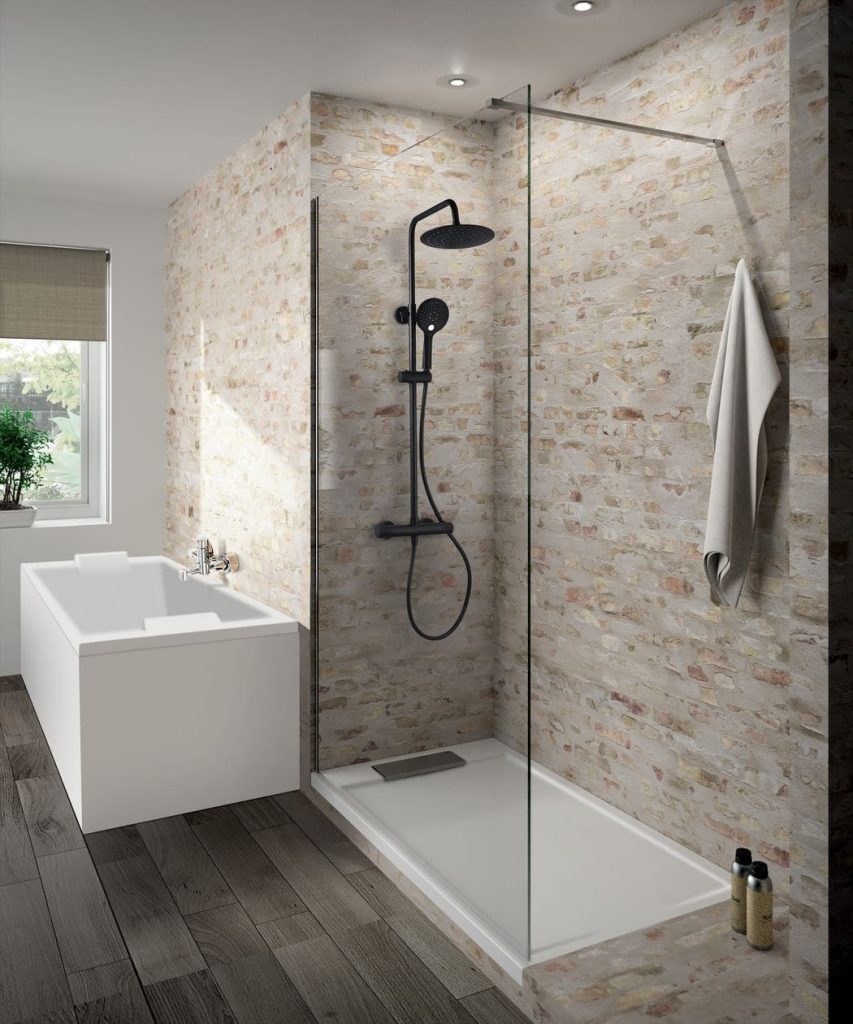 Loft Game black shower with a glass wall for a walk-in shower. In a pale bathroom