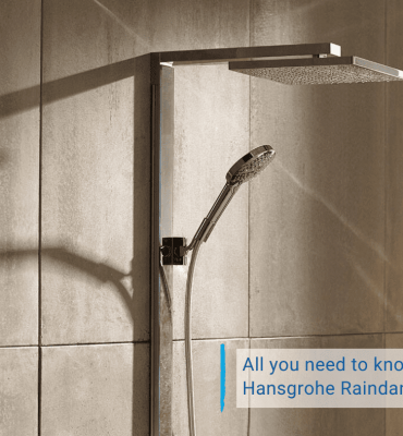 A square showerhead and the text "All you need to know: Hansgrohe Raindance"