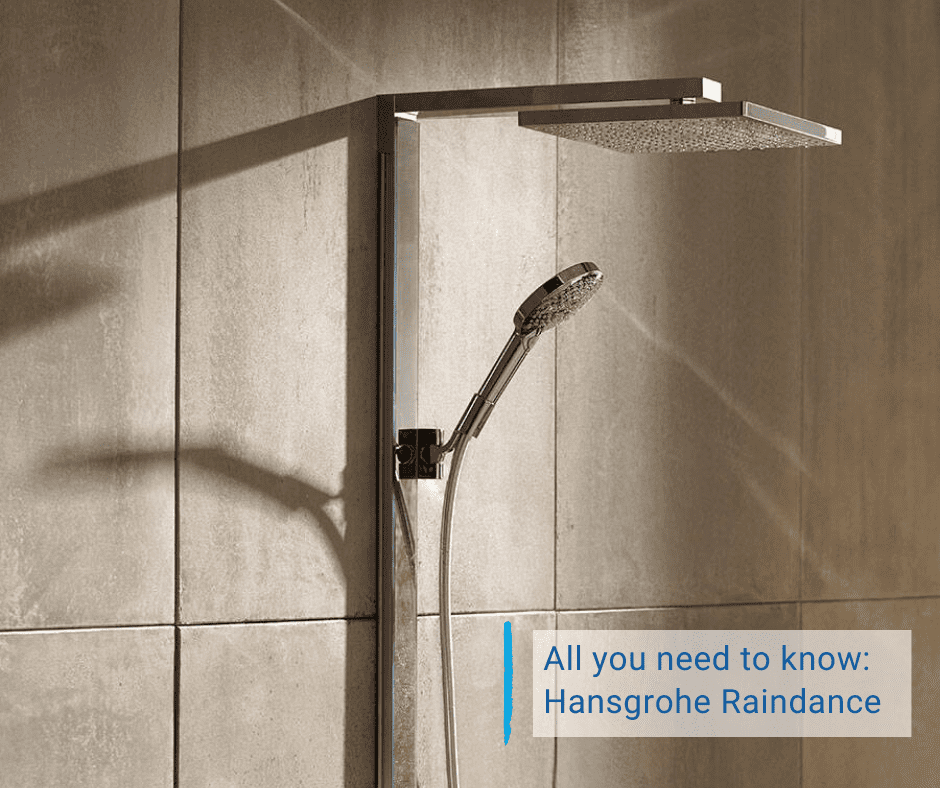 A square showerhead and the text "All you need to know: Hansgrohe Raindance"