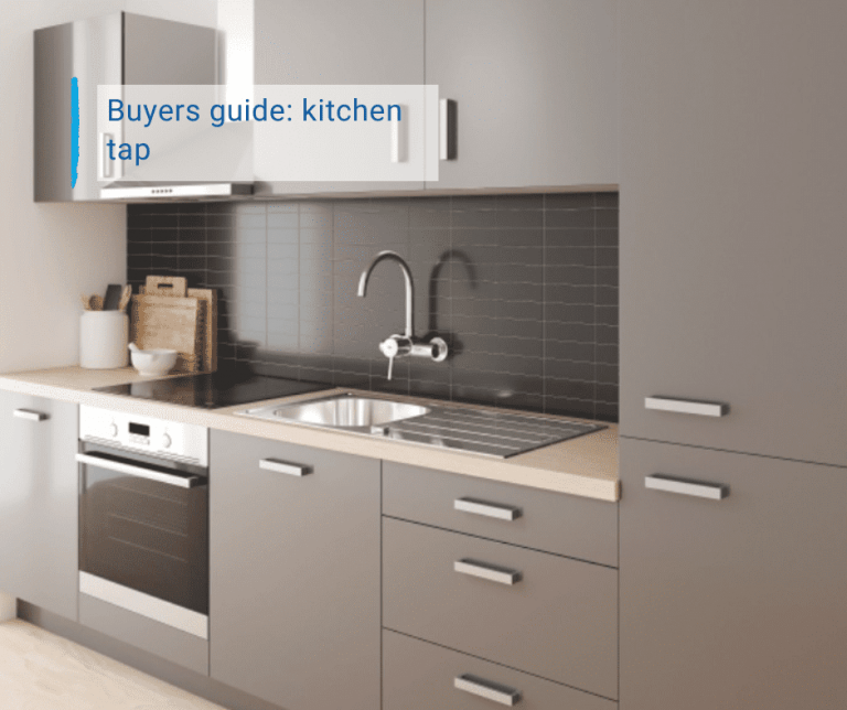 beige color kitchen with a chrome kitchentab and text "Buyers guide: kitchen tap"