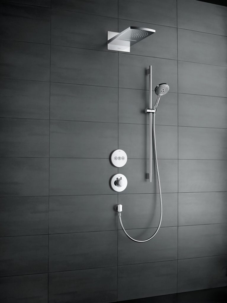 A square hansgrohe raindance showerhead with a handheld showerheader on a gray background