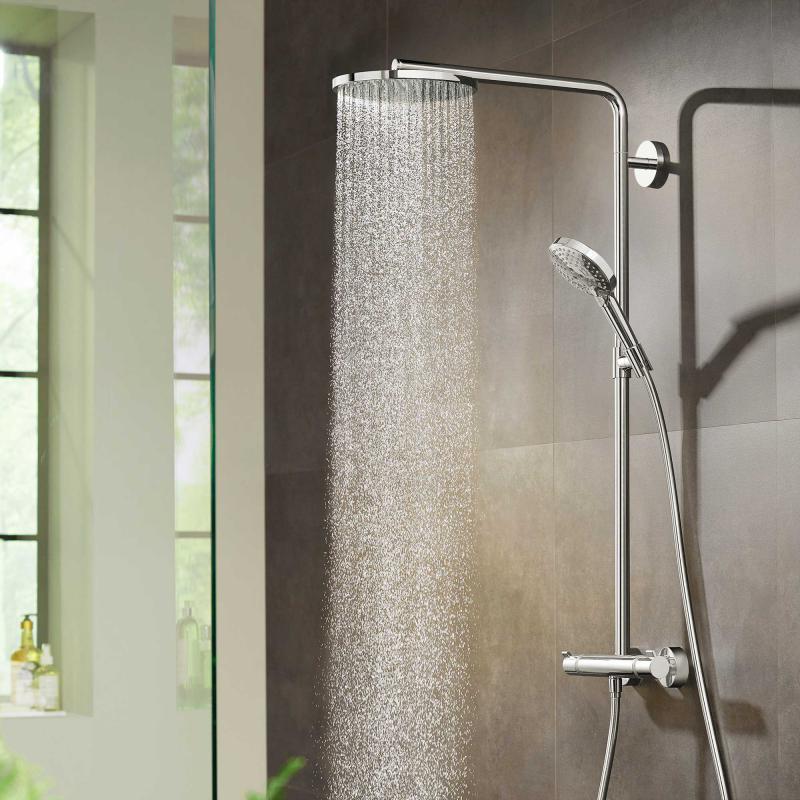 a raindance select shower on a brown and green background