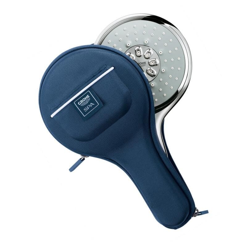 a hand showerhead with a blue travel case
