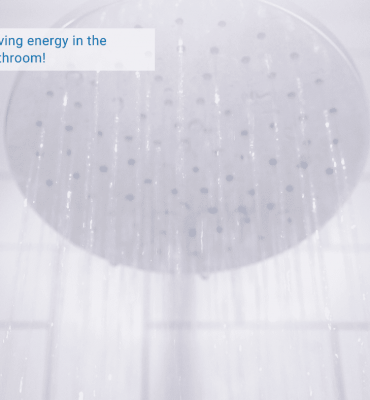 a shower head with the text "Saving energy in the bathroom"