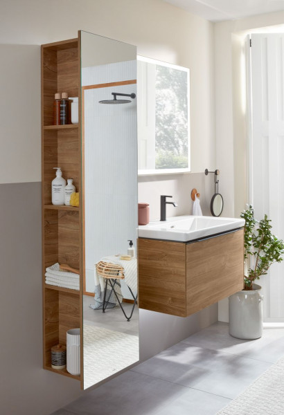 Tall Bathroom Cabinet Villeroy and Boch Subway 3.0 open with mirror, shelves on the left 450x1700x300mm Kansas Oak