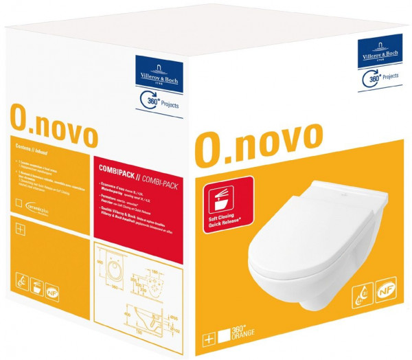 Villeroy and Boch Wall Hung Toilet O.novo White Toilet Seat Soft Close Quick Release 3in1 5660H1R1 + 92242700+ 92248568
