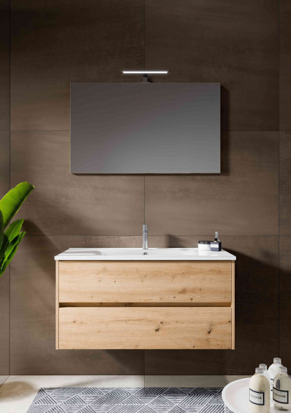 Riho Bathroom Set Porto Square Washbasin, LED mirror and Vanity unit 2 drawers 1000 mm Natural Oak