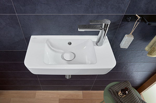 Cloakroom Basin Villeroy and Boch O.novo Compact , 1 hole on the right, With overflow, Unpolished 500mm Alpine White CeramicPlus AntiBac