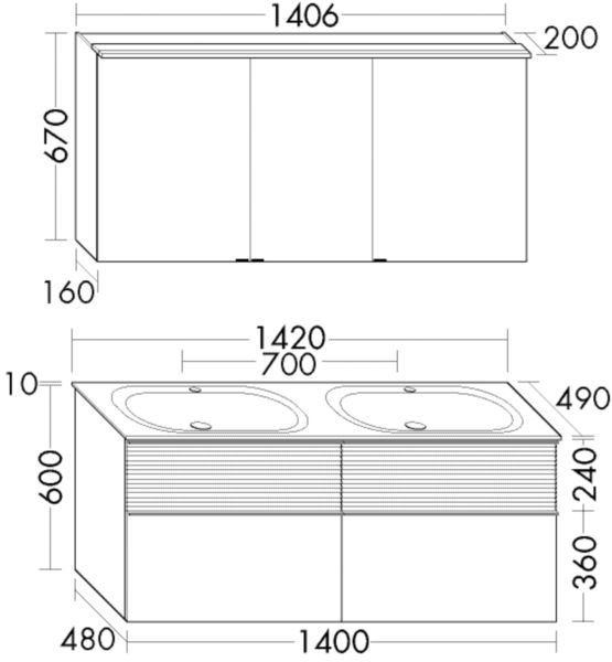 Bathroom Set Burgbad Fiumo 4 drawers, 2 of which are pleated, 3-door mirror cabinet, double washbasin 1420mm Customizable SGGT142-PN491