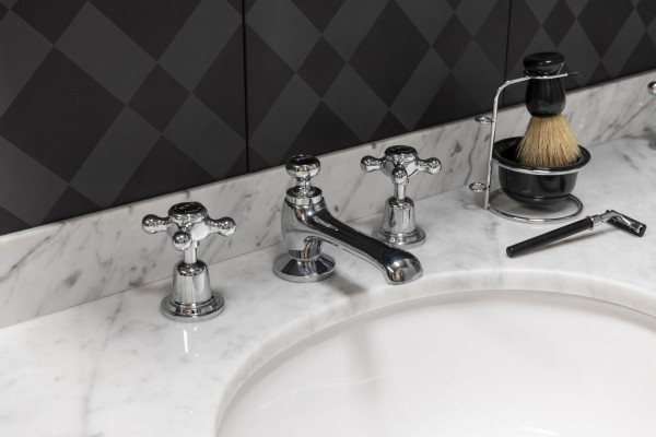 Freestanding 2 Handle Basin Tap Bayswater Traditional Crosshead, 3 holes Chrome Domed/Black