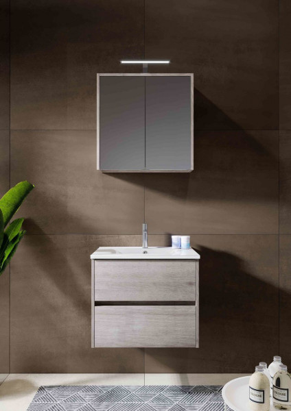 Riho Bathroom Set Porto Square Washbasin, LED mirror cabinet and Vanity unit 2 drawers 800mm Grey Oak