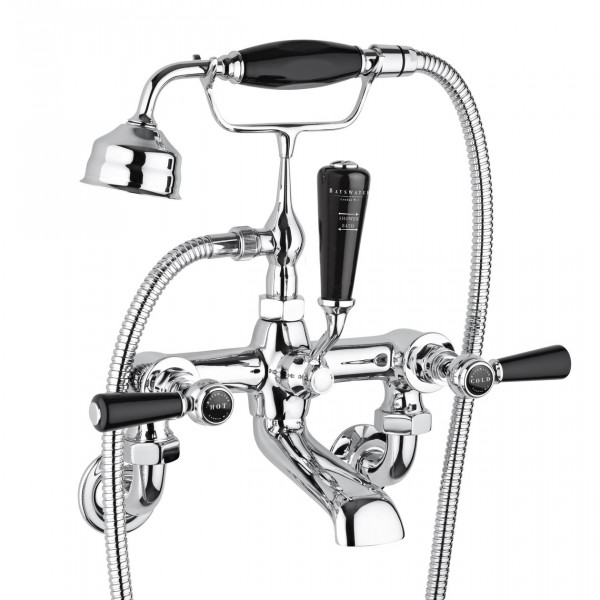 Wall Mounted Bath Shower Mixer Tap Bayswater Traditional Lever, Chrome Hex/Black