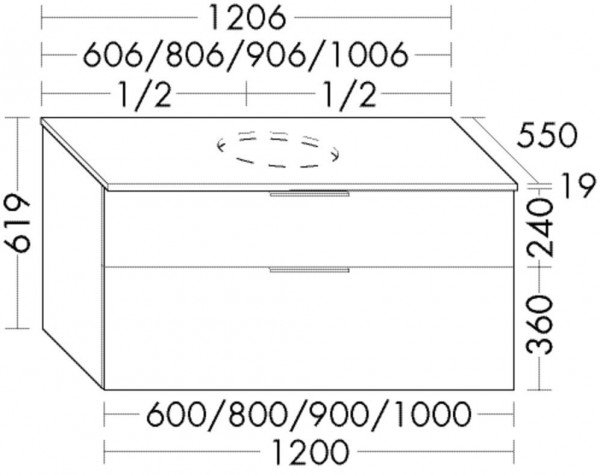 Vanity Unit For Countertop Basin Burgbad Eqio 2 drawers 606x619mm Customisable WXXH060-PN258