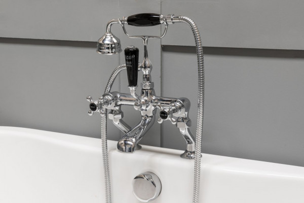 Wall Mounted Bath Shower Mixer Tap Bayswater Traditional Crosshead, Chrome Hex/Black