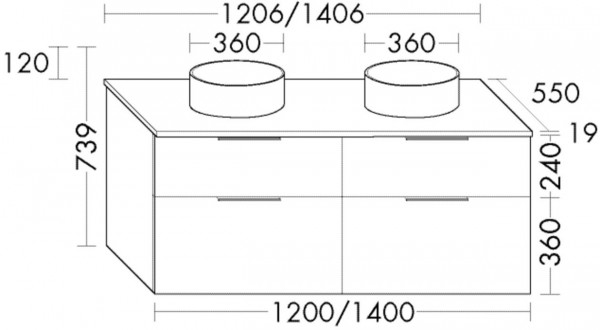 Bathroom Set Burgbad Eqio Double washbasin, 4-drawer unit 1406x739mm Customisable SGUO140-PN258