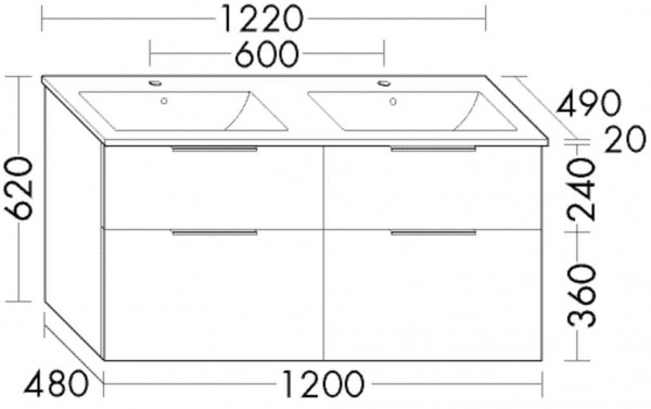 Bathroom Set Burgbad Eqio Double washbasin, 4-drawer unit 1220x620mm Customisable SHBZ122-PN258