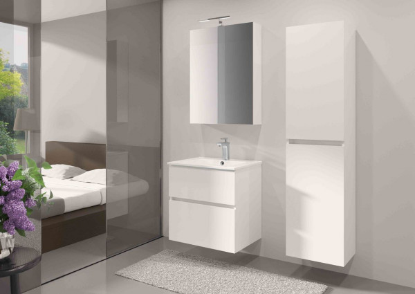 Riho Bathroom Set Porto Square Washbasin, LED mirror cabinet and Vanity unit 2 drawers 600mm Glossy White