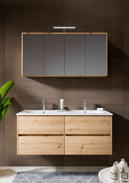 Riho Bathroom Set Porto Wave Washbasin, LED mirror cabinet and Vanity unit 4 drawers 1200mm Natural Oak