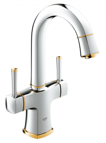 Grohe 3 Hole Basin tap Single lever Basin Tap with two swivel spout handles Chrome/Gold