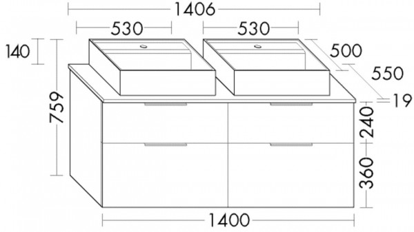 Bathroom Set Burgbad Eqio Double washbasin, 4 drawer unit 1406x759mm Customisable SGUR140-PN258