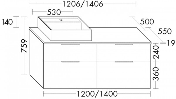 Bathroom Set Burgbad Eqio Right/left washbasin, 4-drawer unit 1206x759mm Customisable SGUS120-PN258