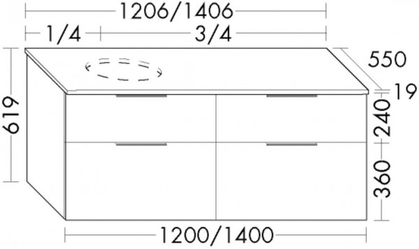 Vanity Unit Built-In Basin Burgbad Eqio for Basin right/left, 4 drawers 1206x619mm Customisable SGUU120-PN258