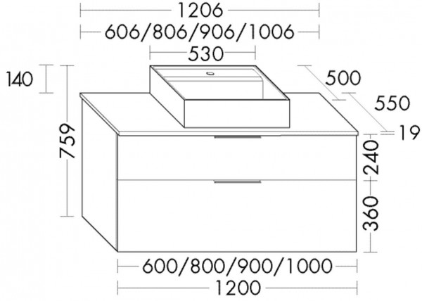 Bathroom Set Burgbad Eqio 1-hole washbasin, 2-drawer unit 606x759mm Customisable SGUP060-PN258