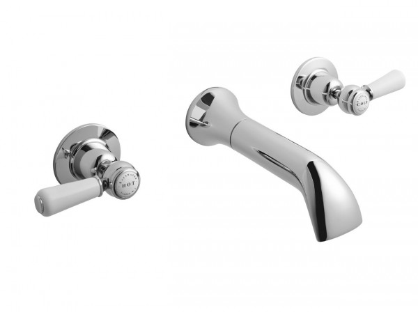 Wall-Mounted Bath Tap Bayswater Traditional Lever, 3 holes Chrome Domed/White
